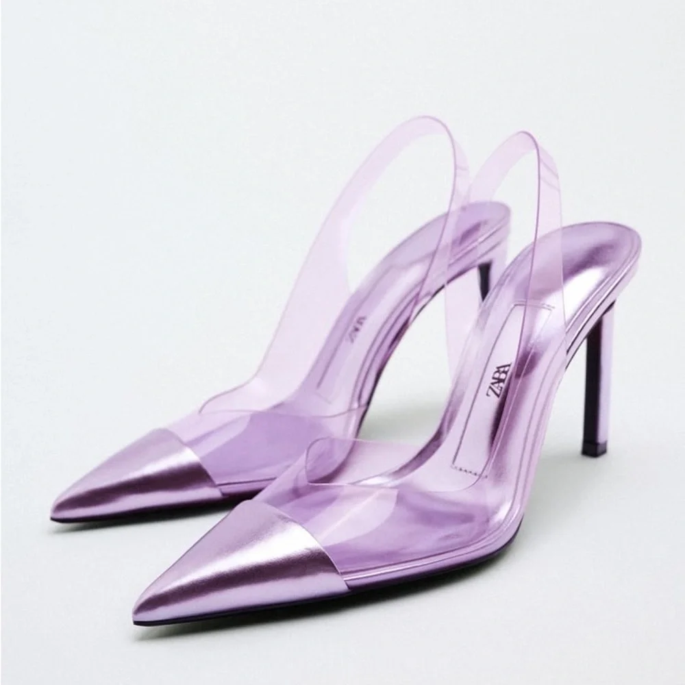 Zara Purple High Heeled Vinyl Sling Back Shoes - Picture 15 of 16